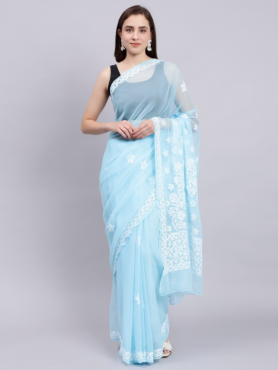 

Seva Chikan Floral Embroidered Lucknowi Chikankari Saree, Blue