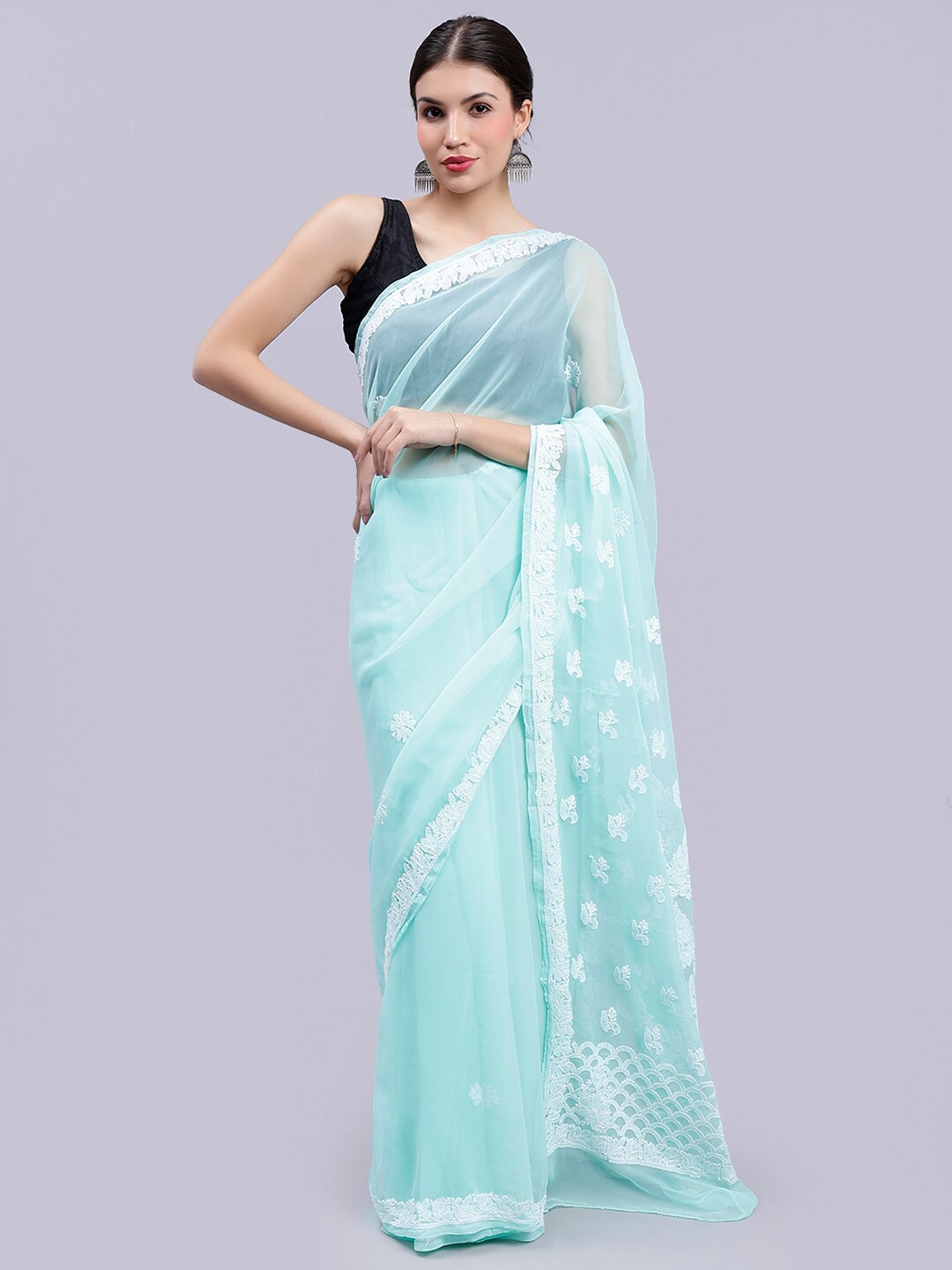 

Seva Chikan Floral Embroidered Chikankari Saree, Sea green