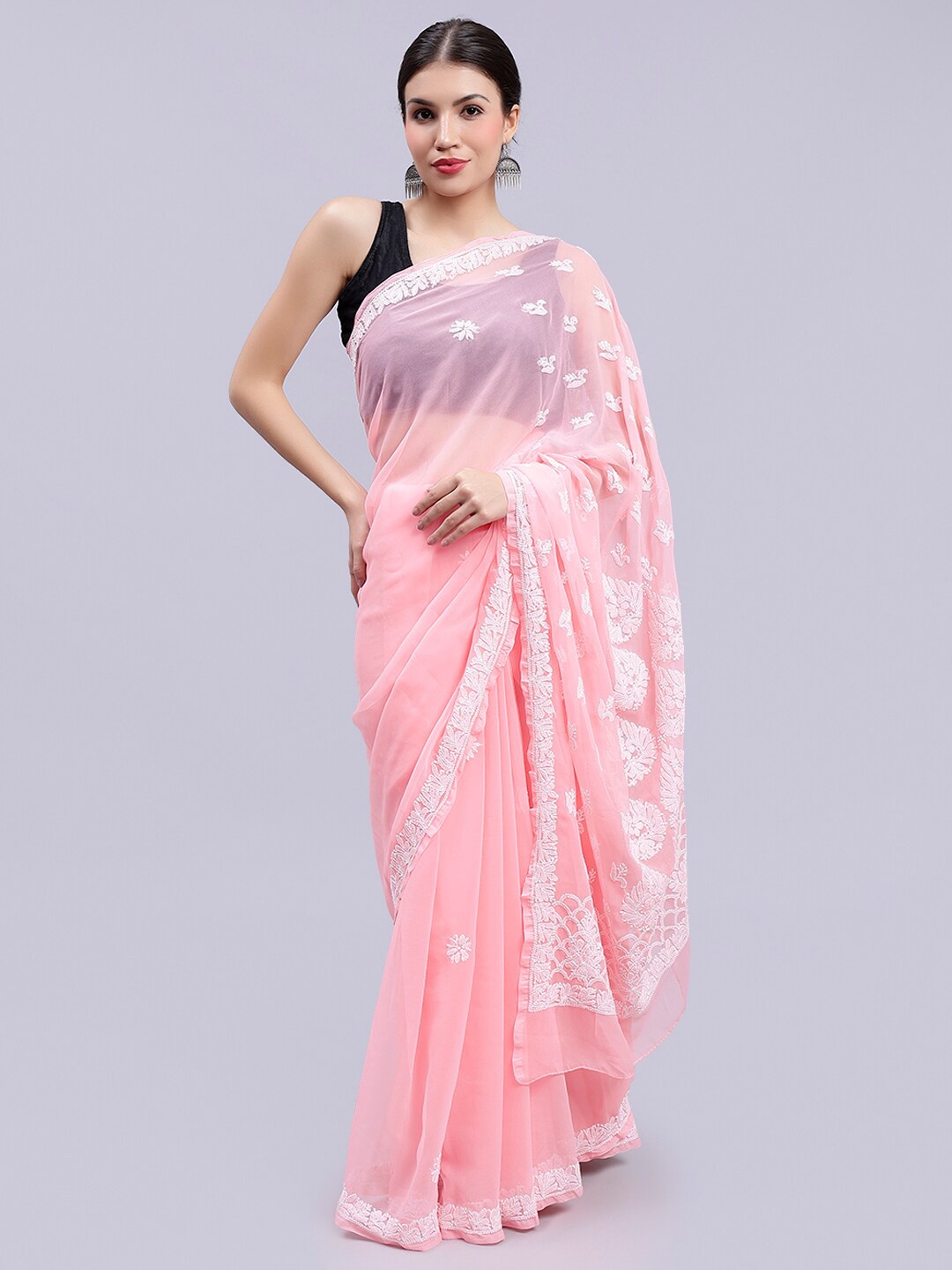 

Seva Chikan Floral Embroidered Chikankari Saree, Pink