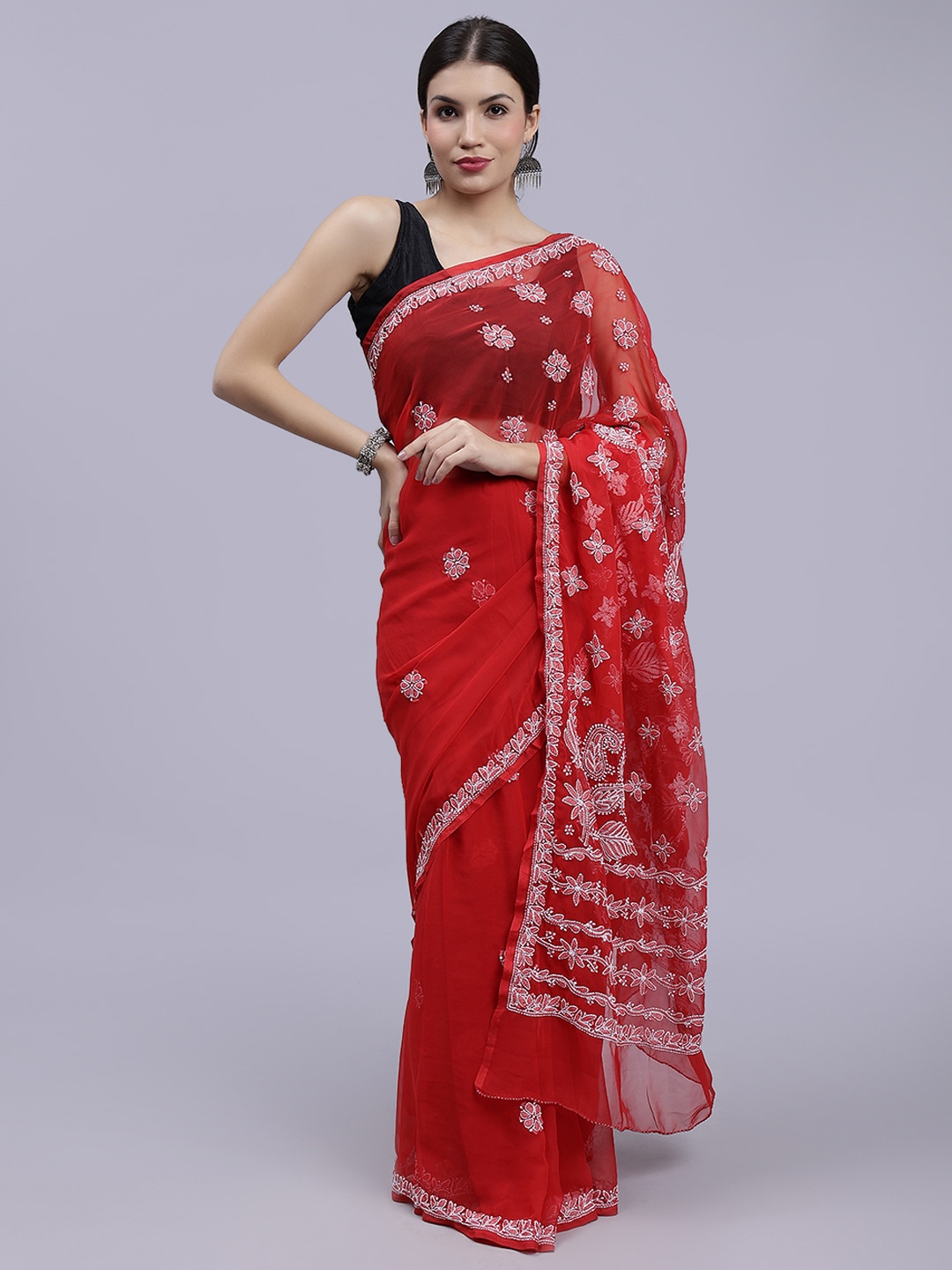 Seva Chikan Floral Embroidered Chikankari Saree, Red