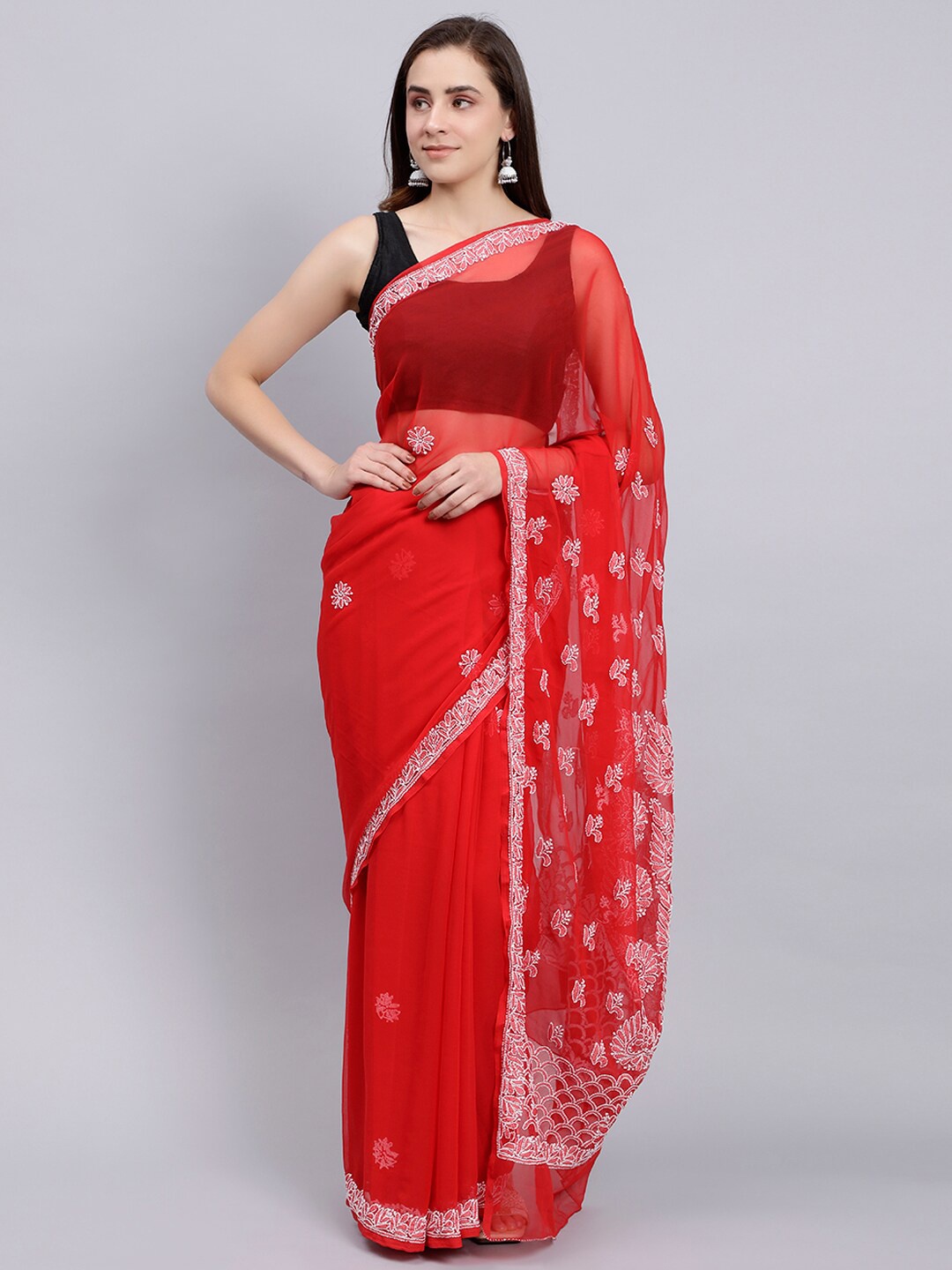 

Seva Chikan Floral Embroidered Chikankari Saree, Red