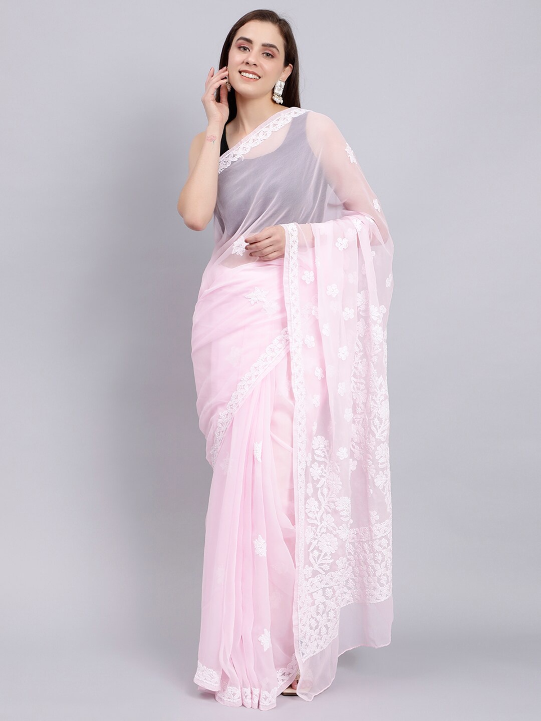 

Seva Chikan Floral Embroidered Chikankari Saree, Pink