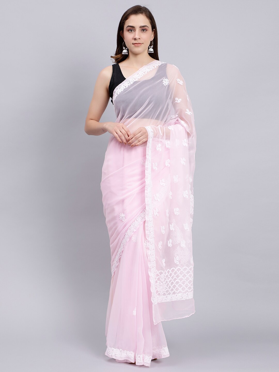 

Seva Chikan Floral Embroidered Lucknowi Chikankari Saree, Pink