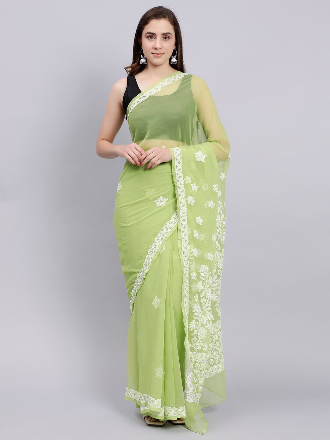 

Seva Chikan Floral Embroidered Lucknowi Chikankari Saree, Green