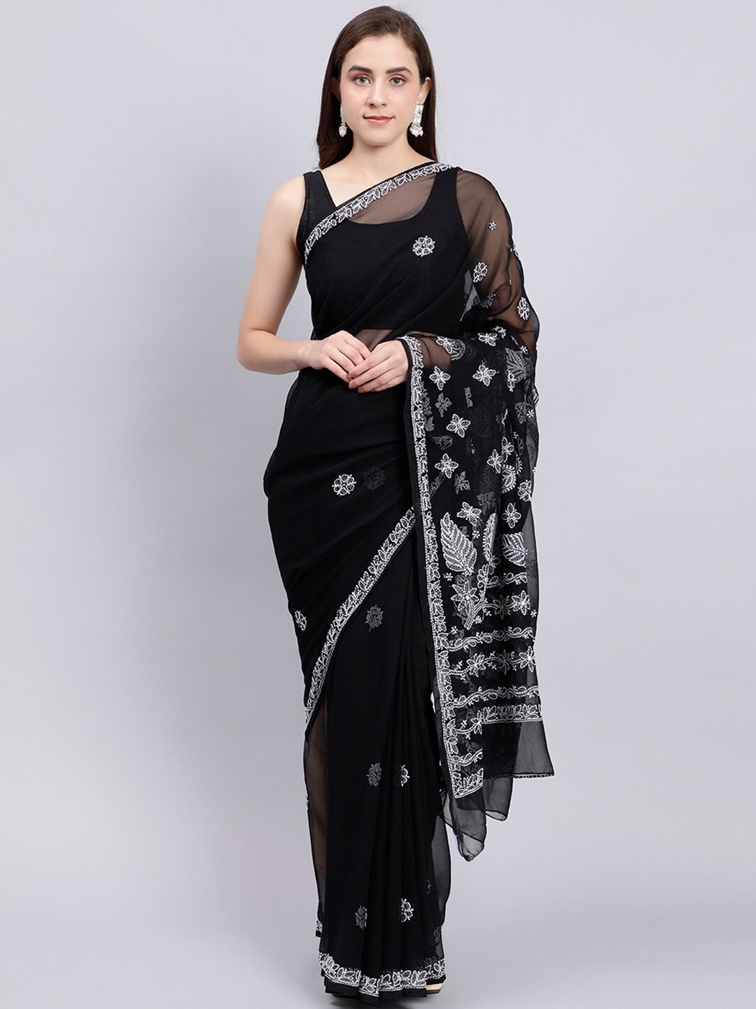 

Seva Chikan Floral Embroidered Lucknowi Chikankari Saree, Black