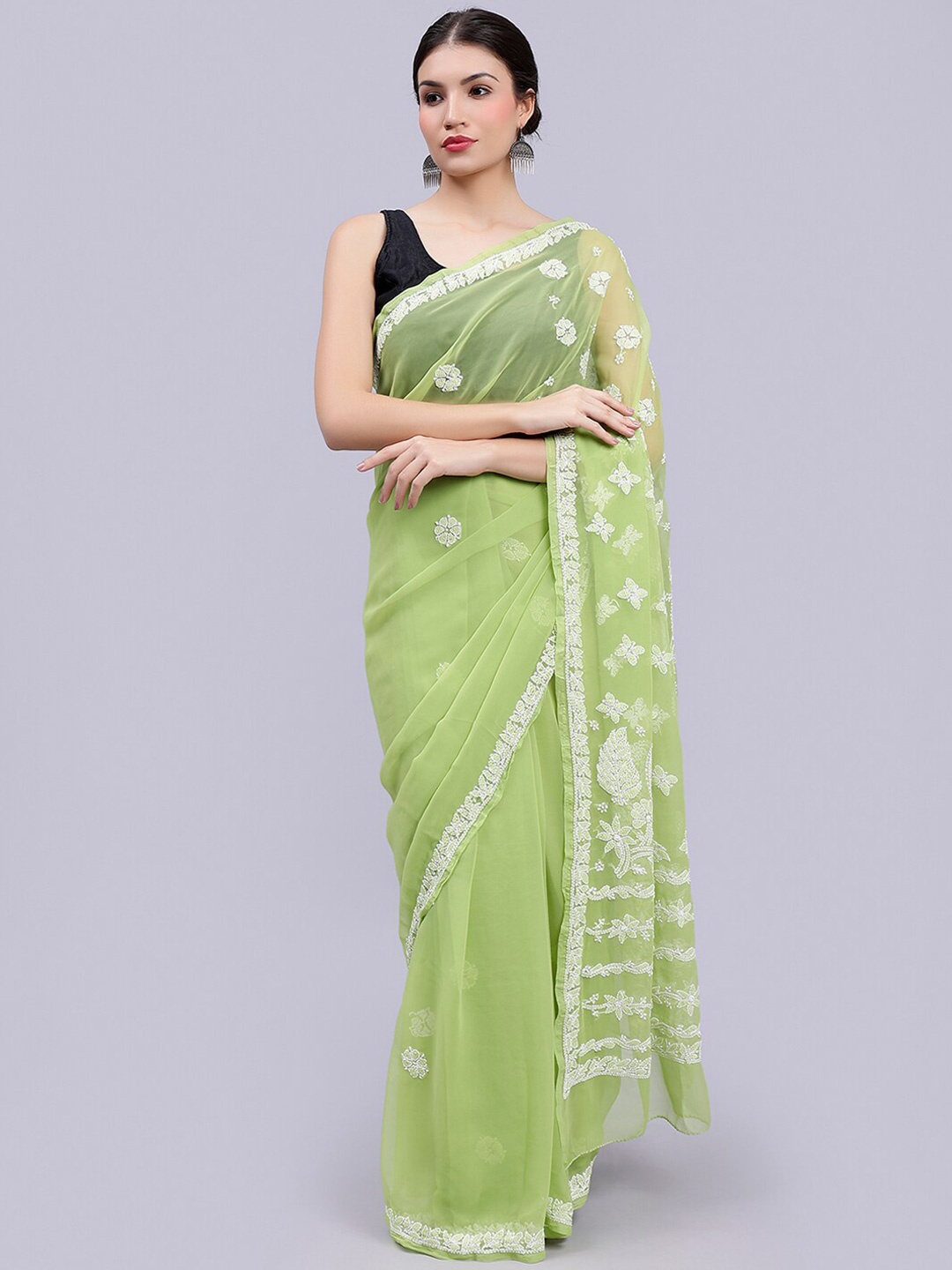 

Seva Chikan Ethnic Motifs Lucknowi Chikankari Poly Georgette Saree, Green