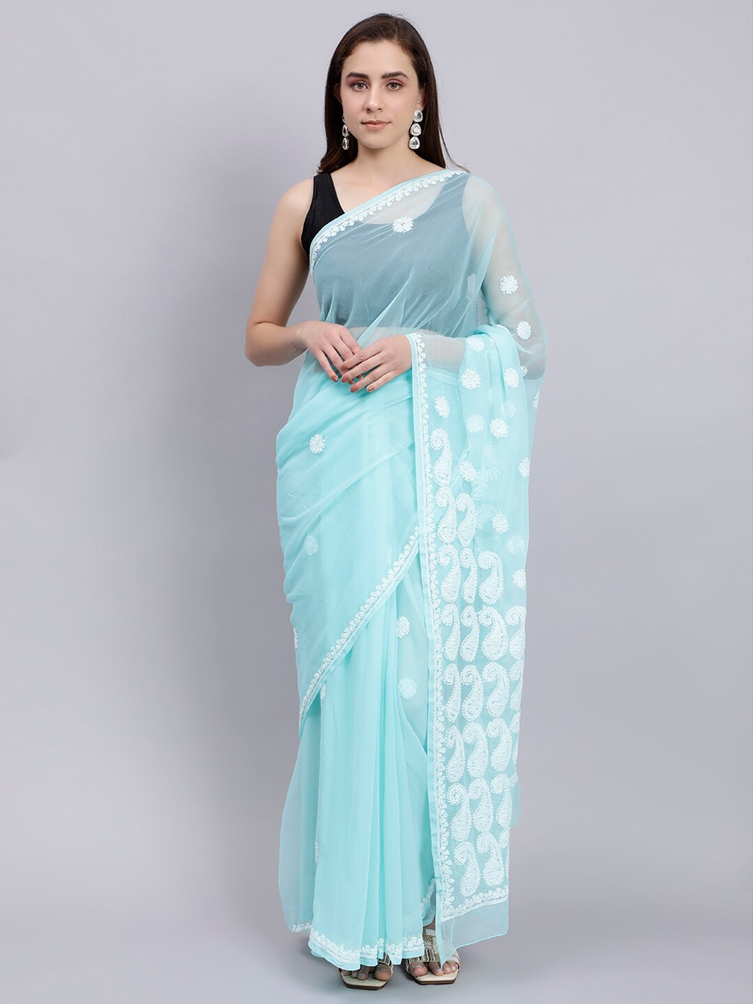 

Seva Chikan Ethnic Motifs Lucknowi Chikankari Poly Georgette Saree, Sea green