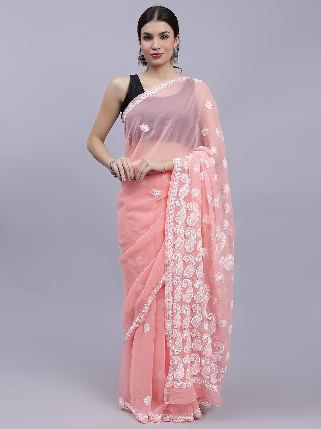 

Seva Chikan Paisley Lucknowi Chikankari Poly Georgette, Peach