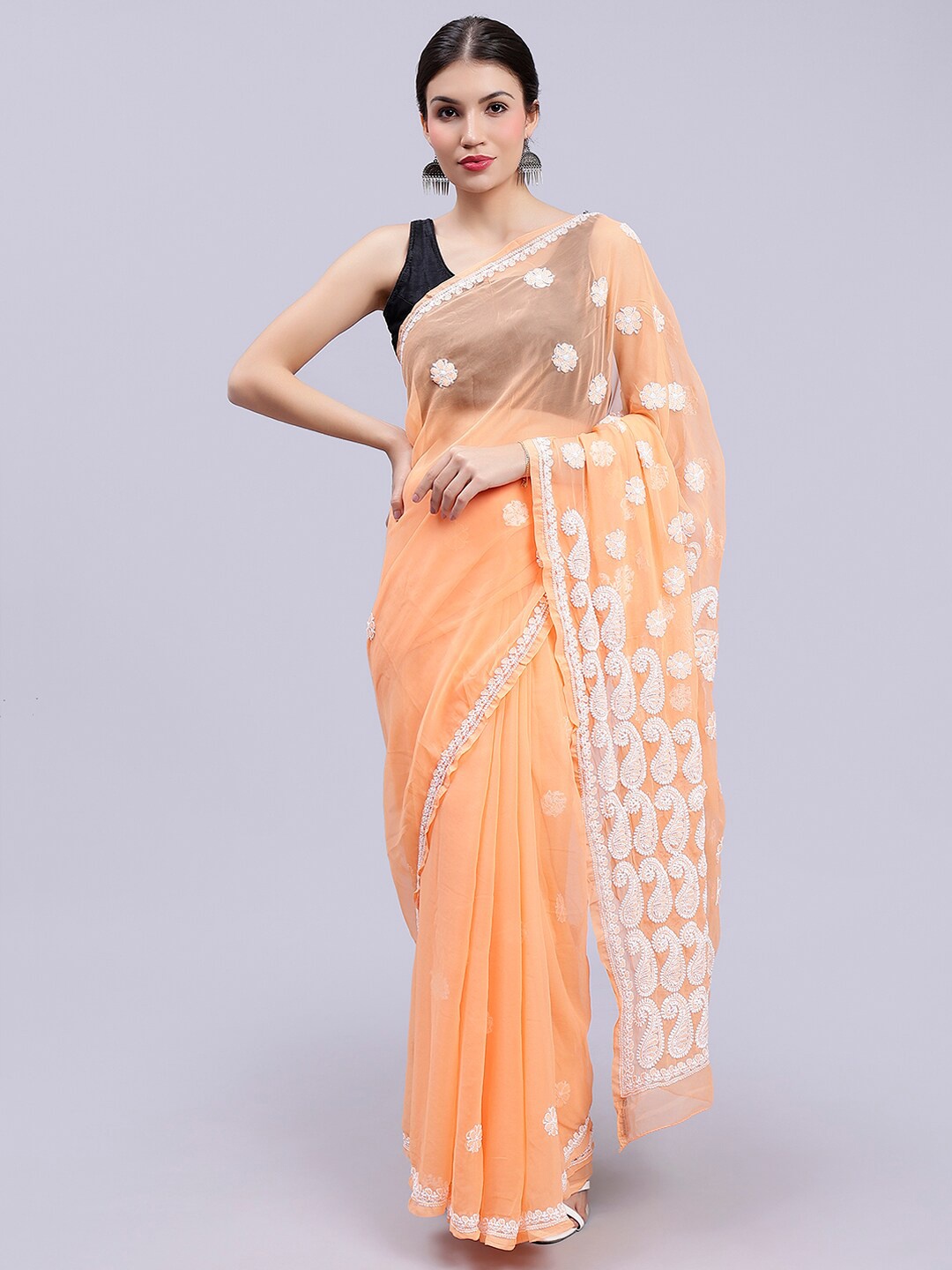 

Seva Chikan Ethnic Motifs Lucknowi Chikankari Poly Georgette Saree, Orange