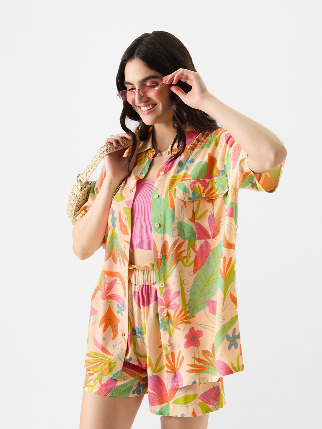 

The Souled Store Peach-Coloured Floral-Printed Shirt With Shorts Co-Ords