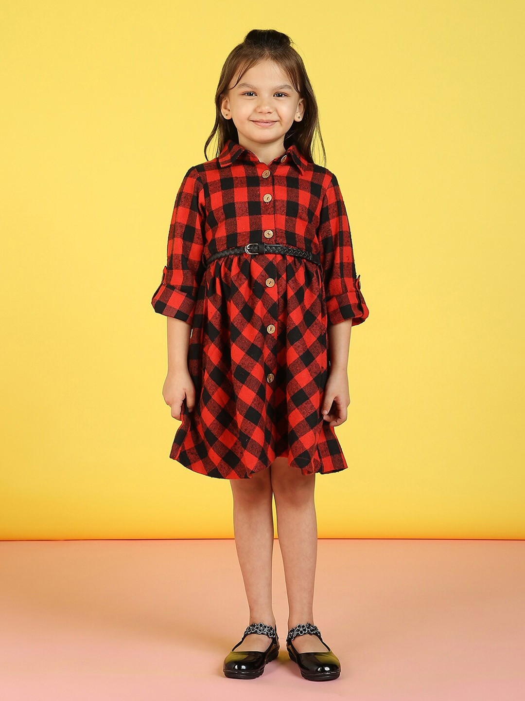 

Nauti Nati Girls Checked Roll-Up Sleeves Belted Pure Cotton Shirt Dress, Red