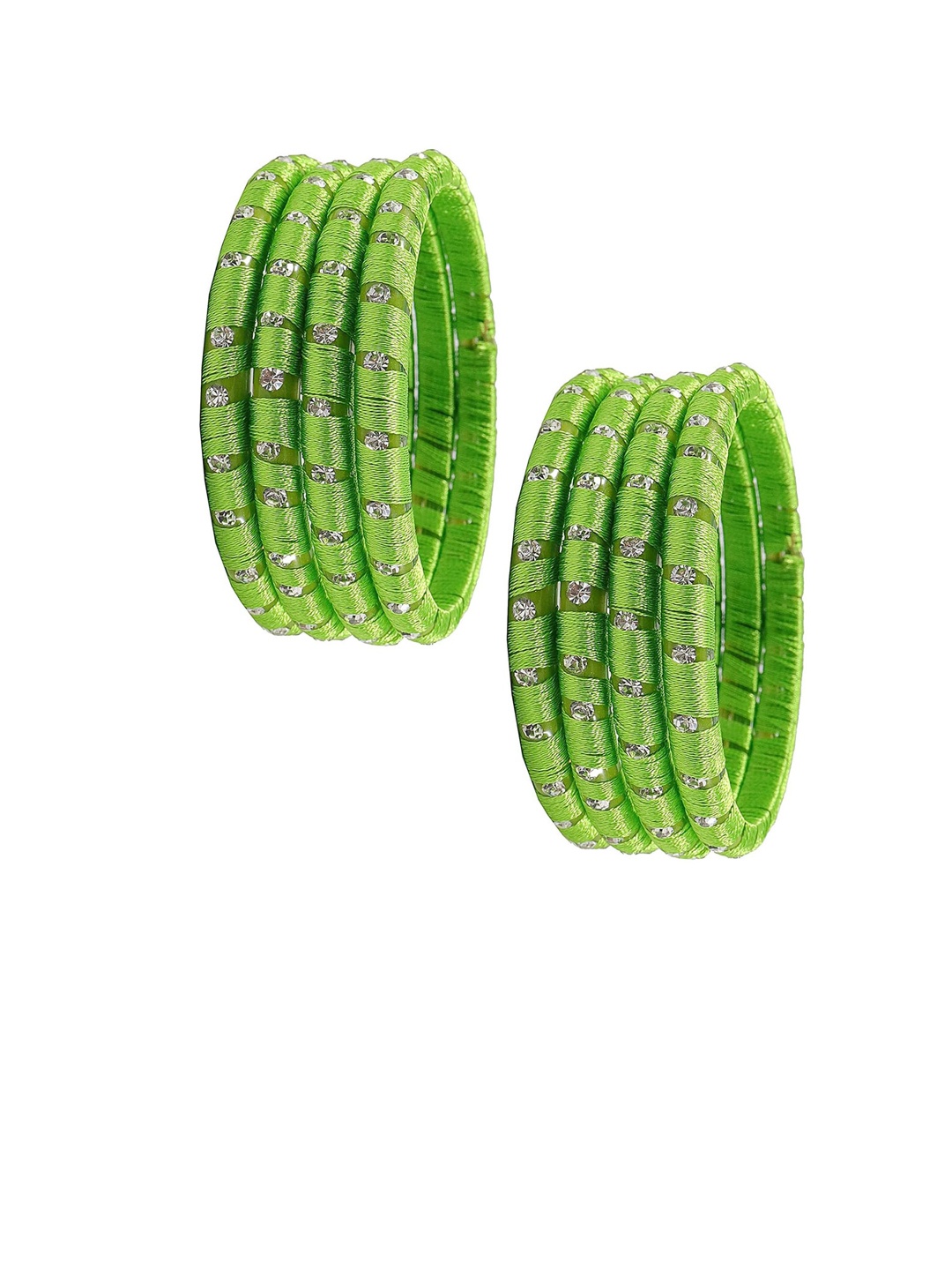 

NMII Set Of 8 Glass With Silk and Zircon Gemstone Studded Bangles, Green