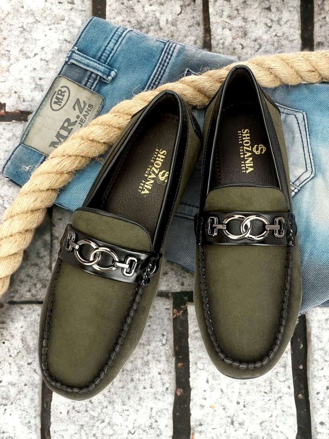 

SHOZANIA Men Buckled Suede Leather Horsebit Loafers, Olive