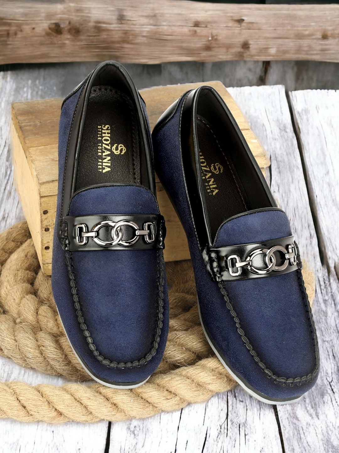 

SHOZANIA Men Buckled Suede Leather Horsebit Loafers, Navy blue