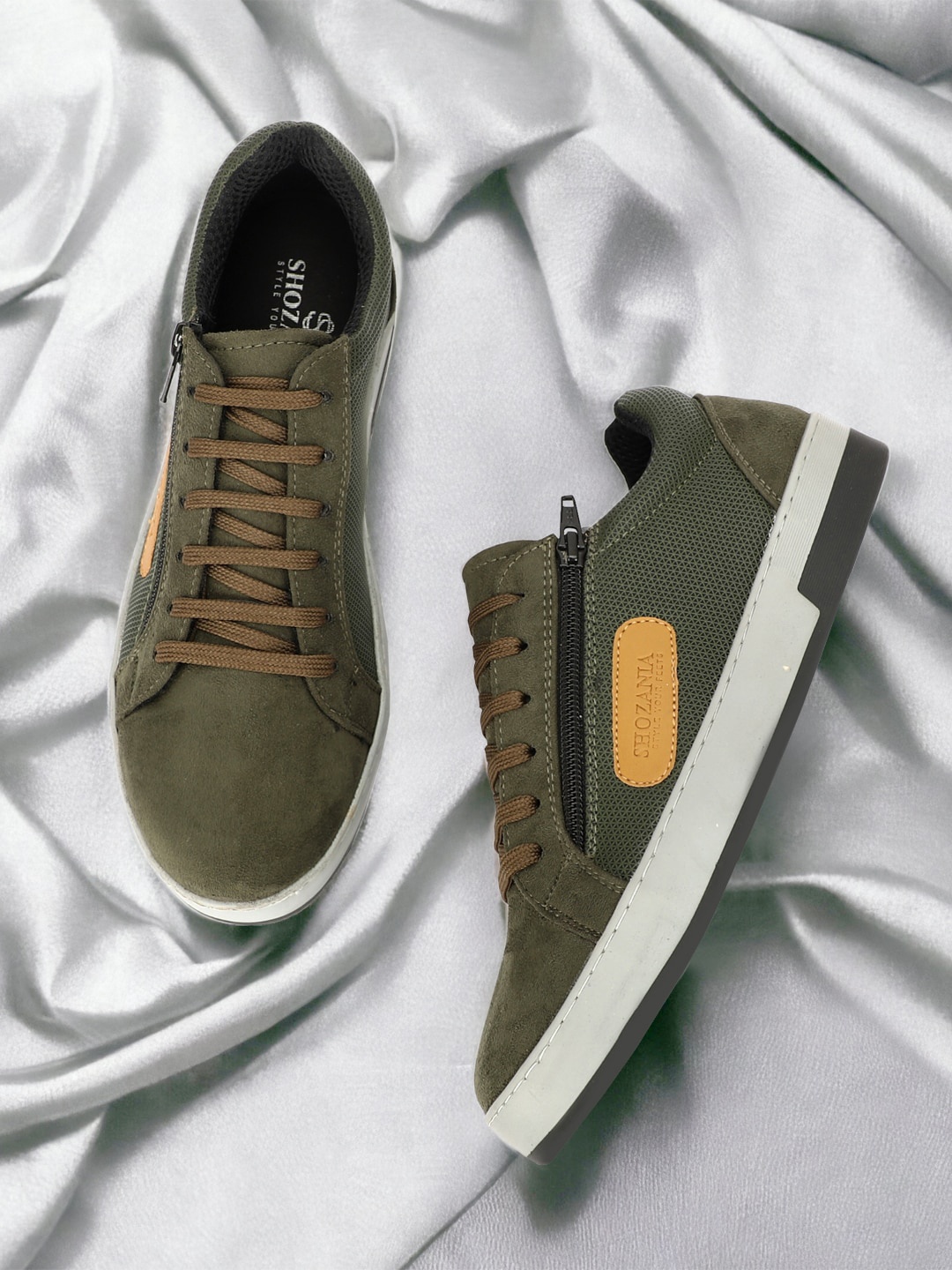 

SHOZANIA Men Textured Leather Lightweight Sneakers, Olive