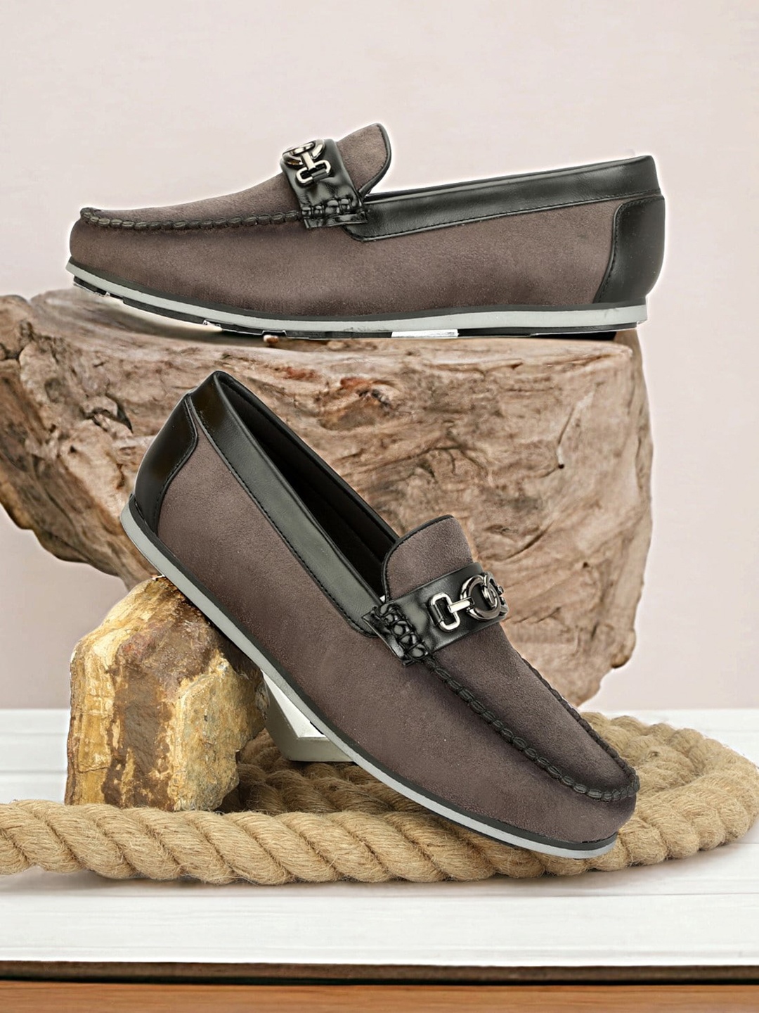 

SHOZANIA Men Leather Horsebit Loafers, Grey