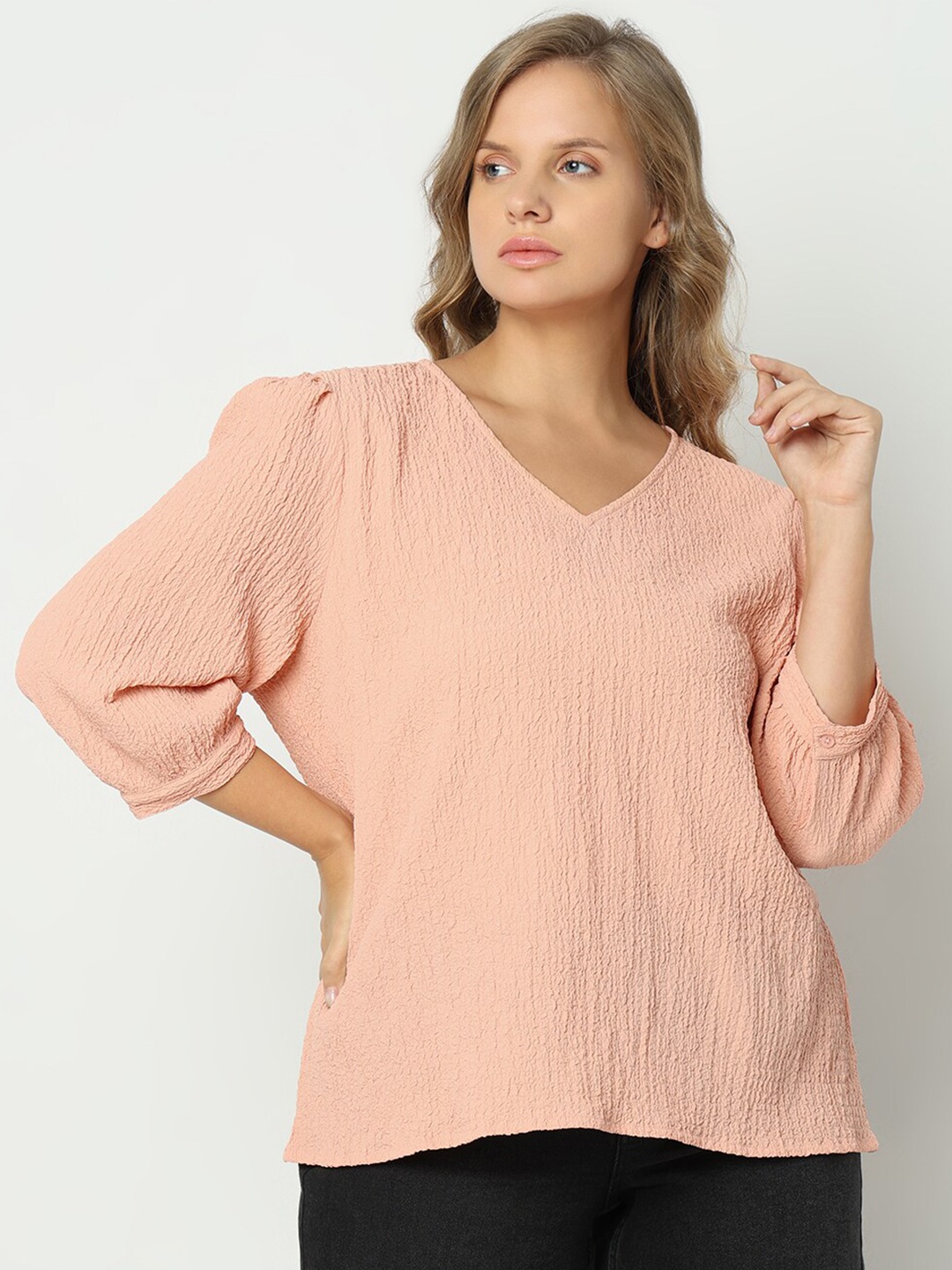 

VERO MODA CURVE Self Designed V-Neck Cuffed Sleeves A-Line Top, Peach