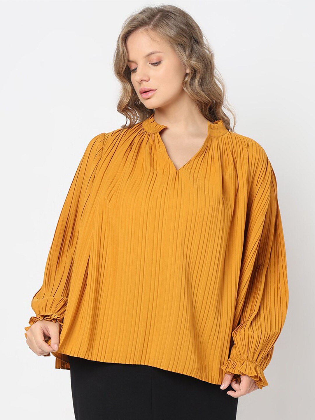 

VERO MODA CURVE Self Designed Mandarin Collar Cuffed Sleeves A-Line Top, Yellow