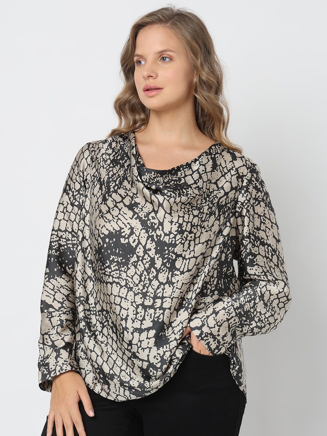 

VERO MODA CURVE Animal Printed Cowl Neck Top, Silver