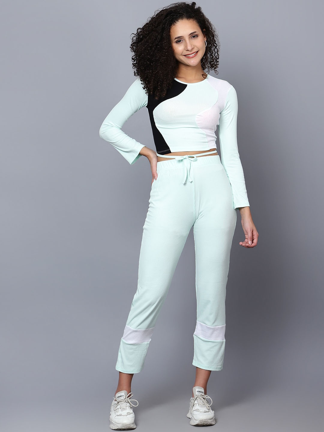 

BROOWL Colourblocked Round-Neck Top With Trouser Co-Ords, Turquoise blue