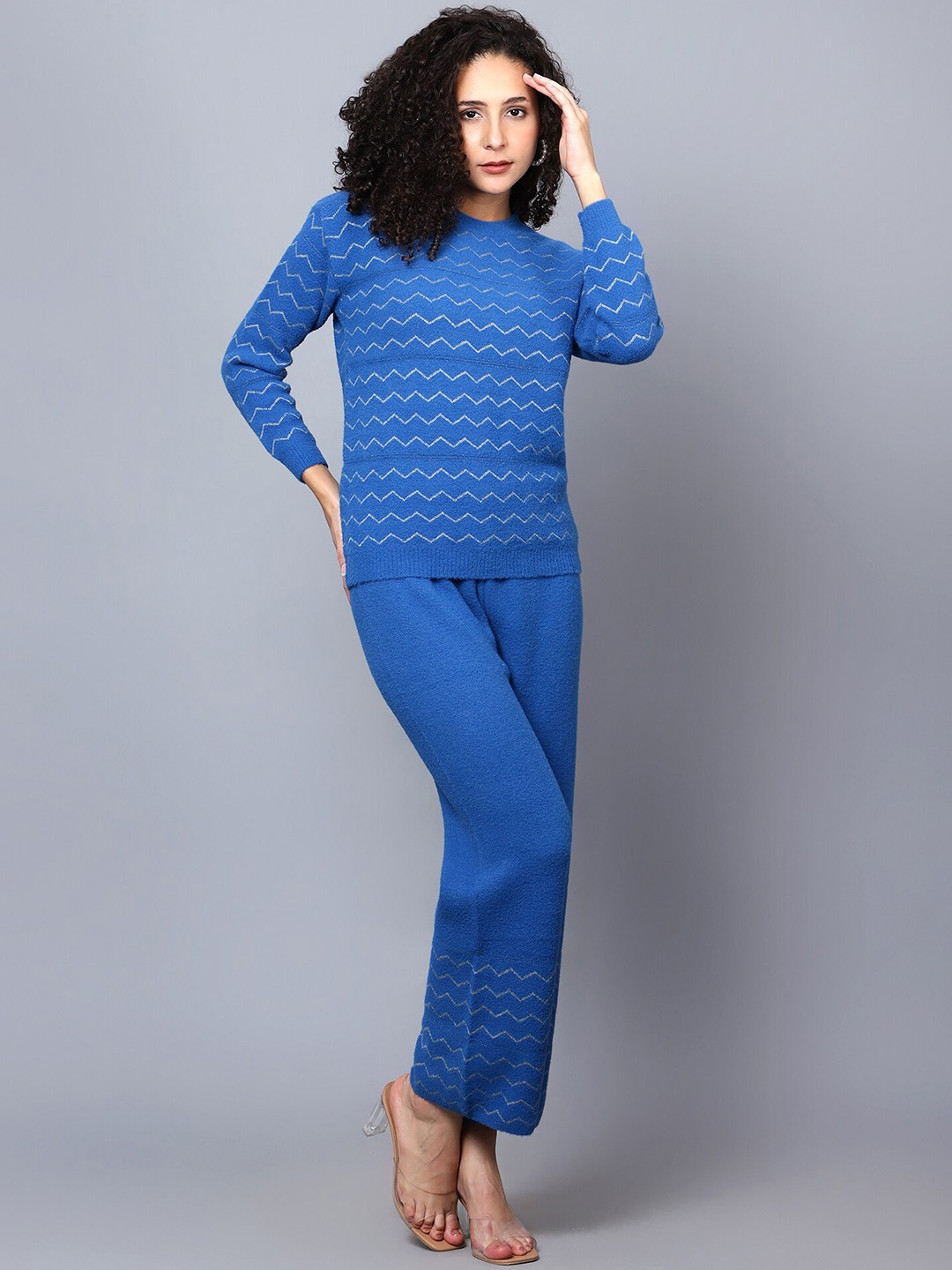 

BROOWL Self Design Round Neck Sweatshirt With Trouser Co-Ords, Blue