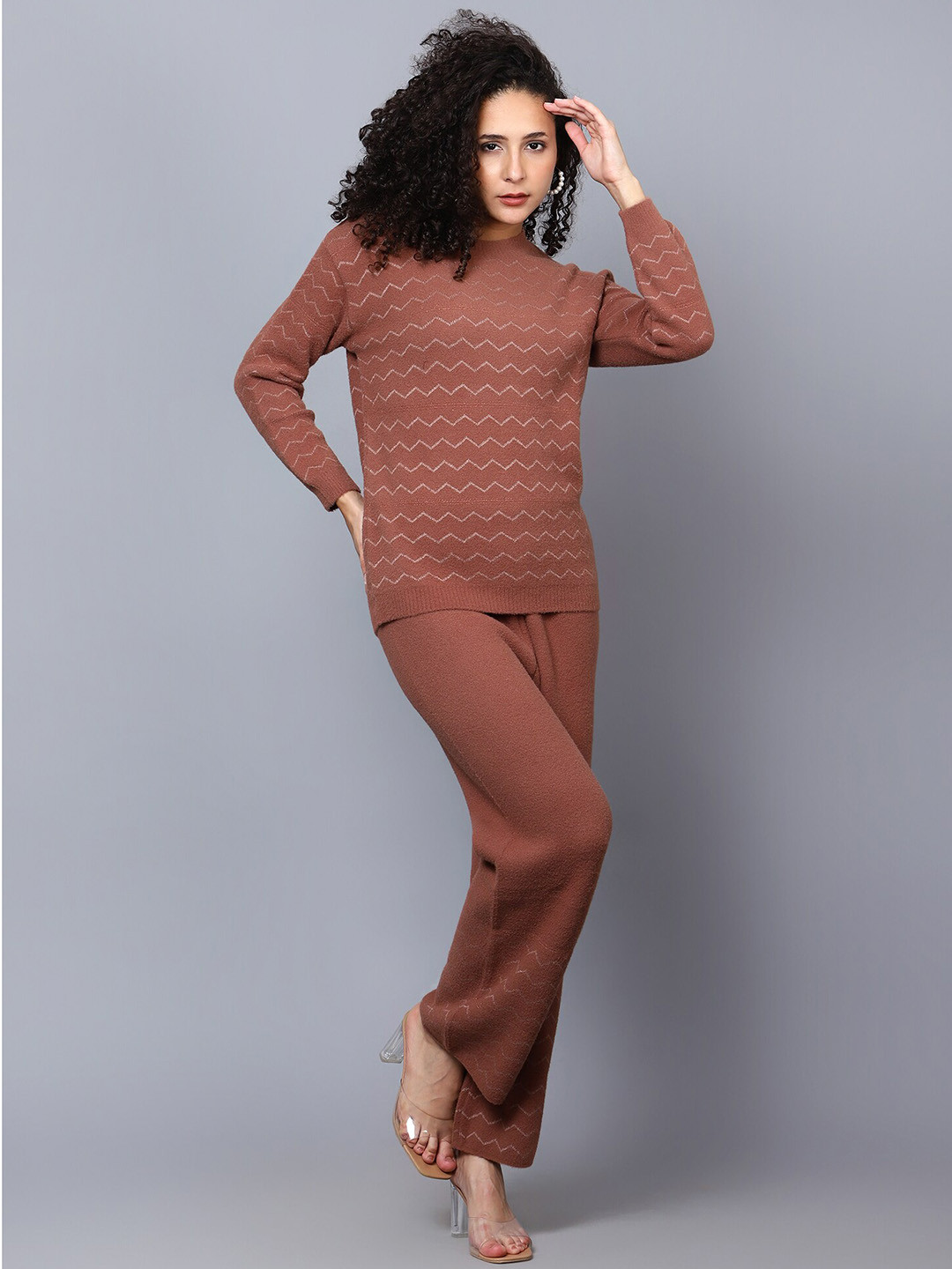 

BROOWL Geometric Printed Sweatshirt With Trousers Co-Ords, Coffee brown