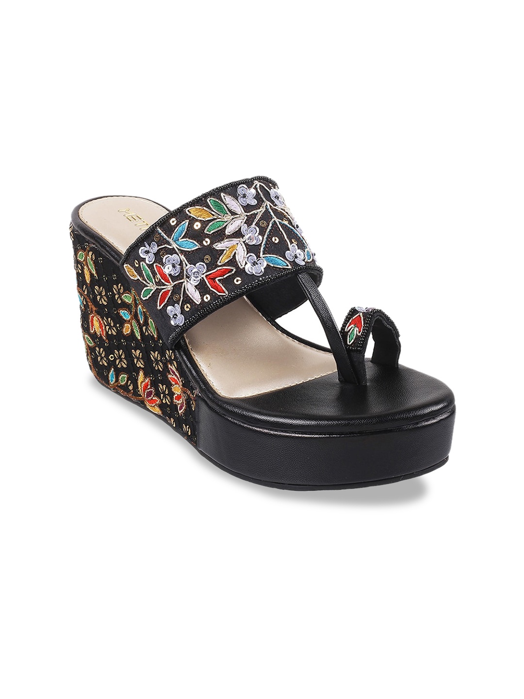 

Metro Embroidered One Toe Wedge Heels, Black
