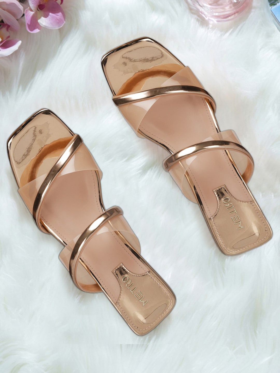 

Metro Double Strap Open Toe Block Heels, Rose gold