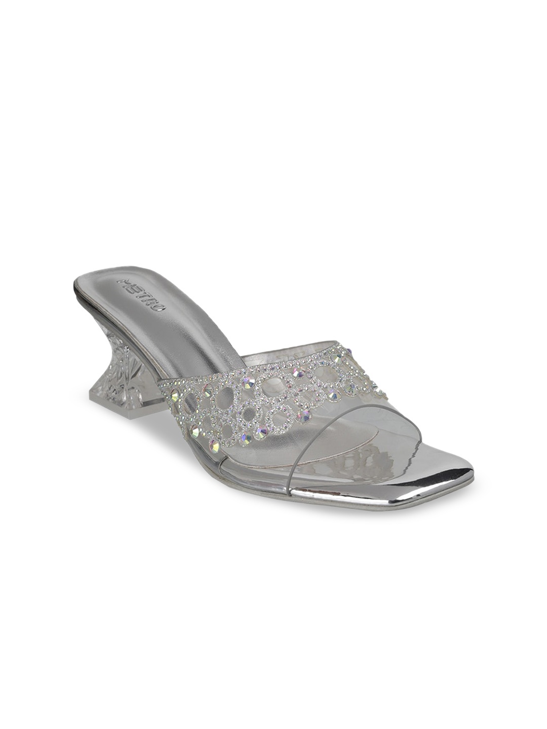 

Metro Embellished Open Toe Block Heels, Silver
