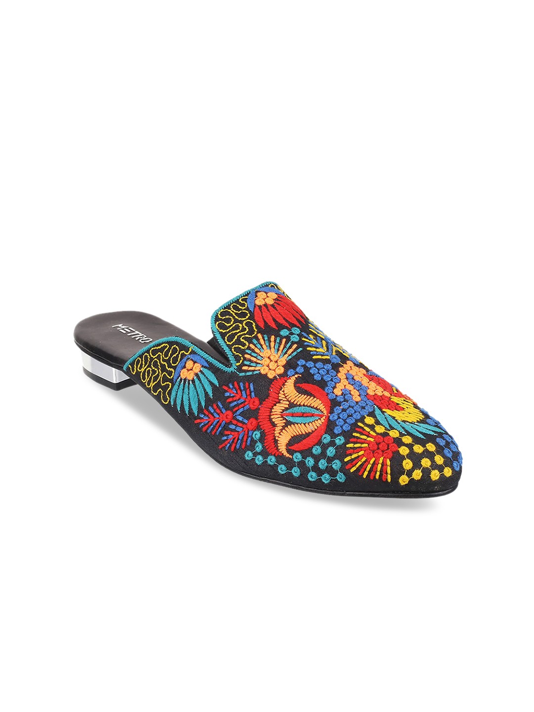 

Metro Embroidered Round Toe Mules, Black
