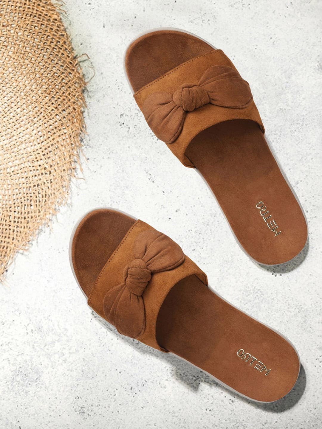 

Metro Open Toe Flats With Bows, Tan