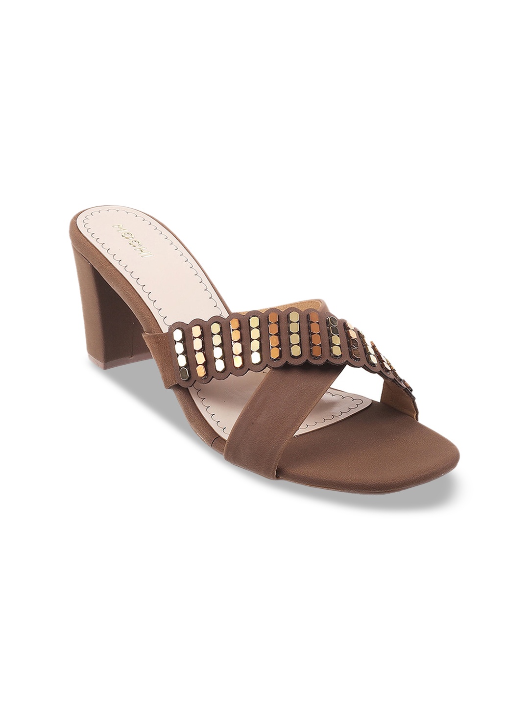 

Mochi Embellished Cross Strap Block Heels, Brown