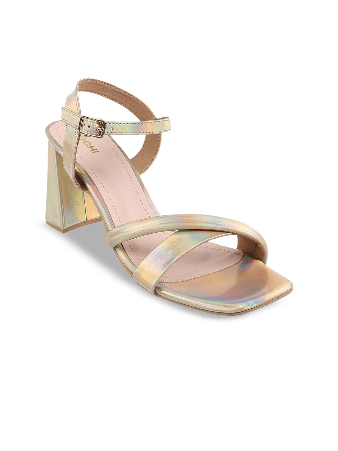 

Mochi Open Toe Block Heels with Buckles, Gold