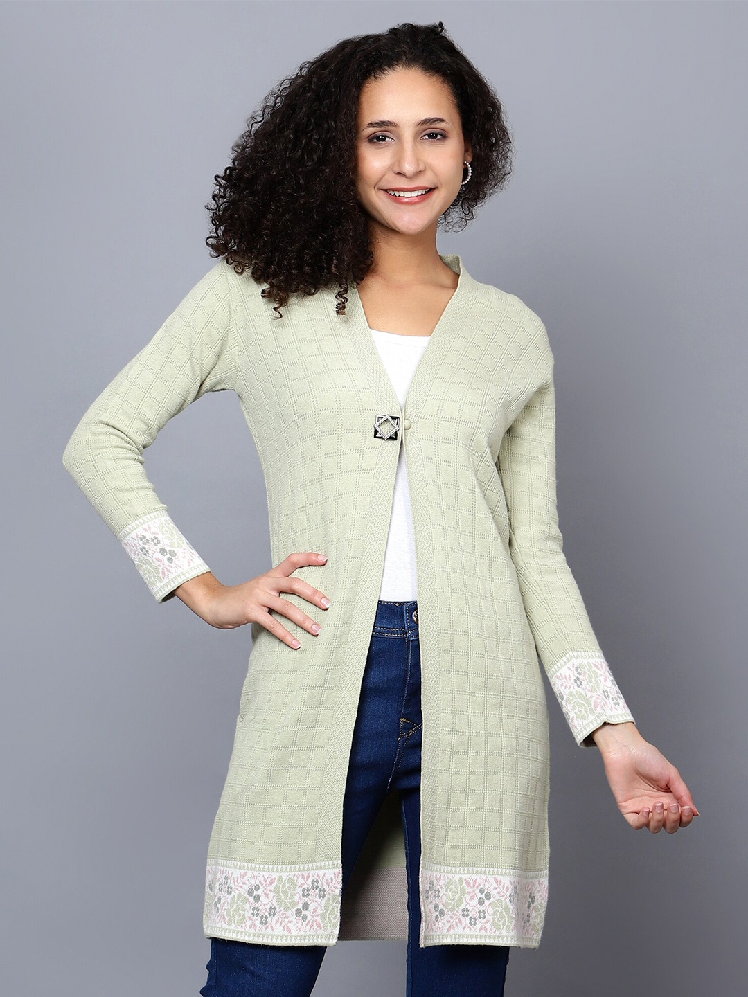 

BROOWL Self Design Longline Wool Shrug, Green