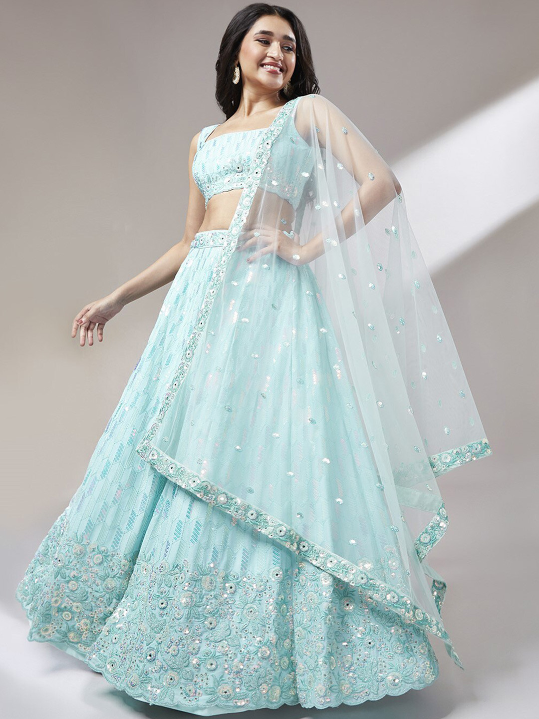 

panchhi Embroidered Sequinned Semi-Stitched Lehenga & Unstitched Blouse With Dupatta, Blue