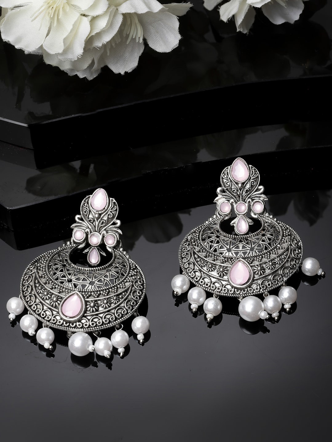 

ADIVA Silver-Plated Crescent Shaped Oxidised Chandbalis
