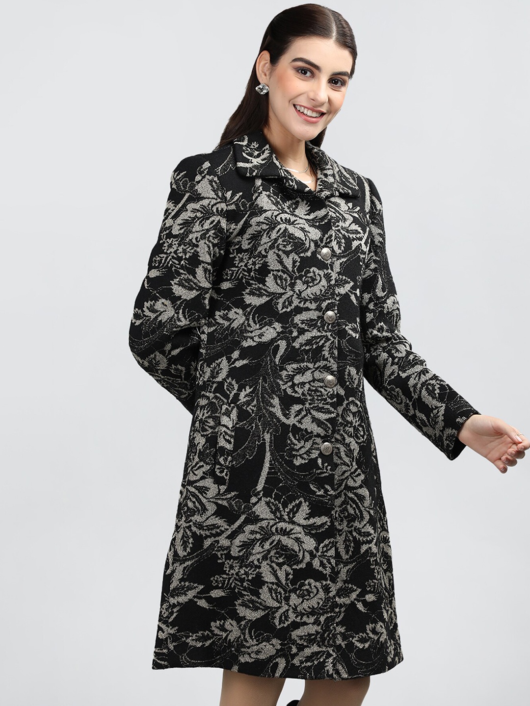 

Rage Floral Printed Winter Wear Winter Longline Overcoat, Black