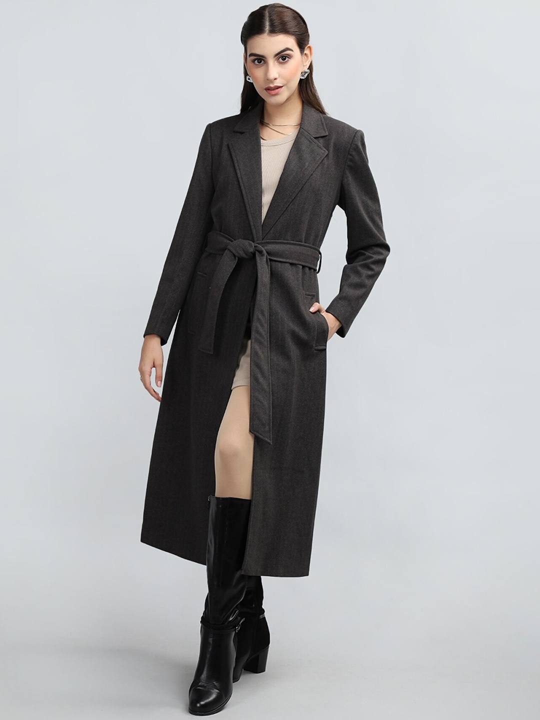

Rage Notched Lapel Tie- Up Waist Winter Tie-Up Longline Overcoat, Black