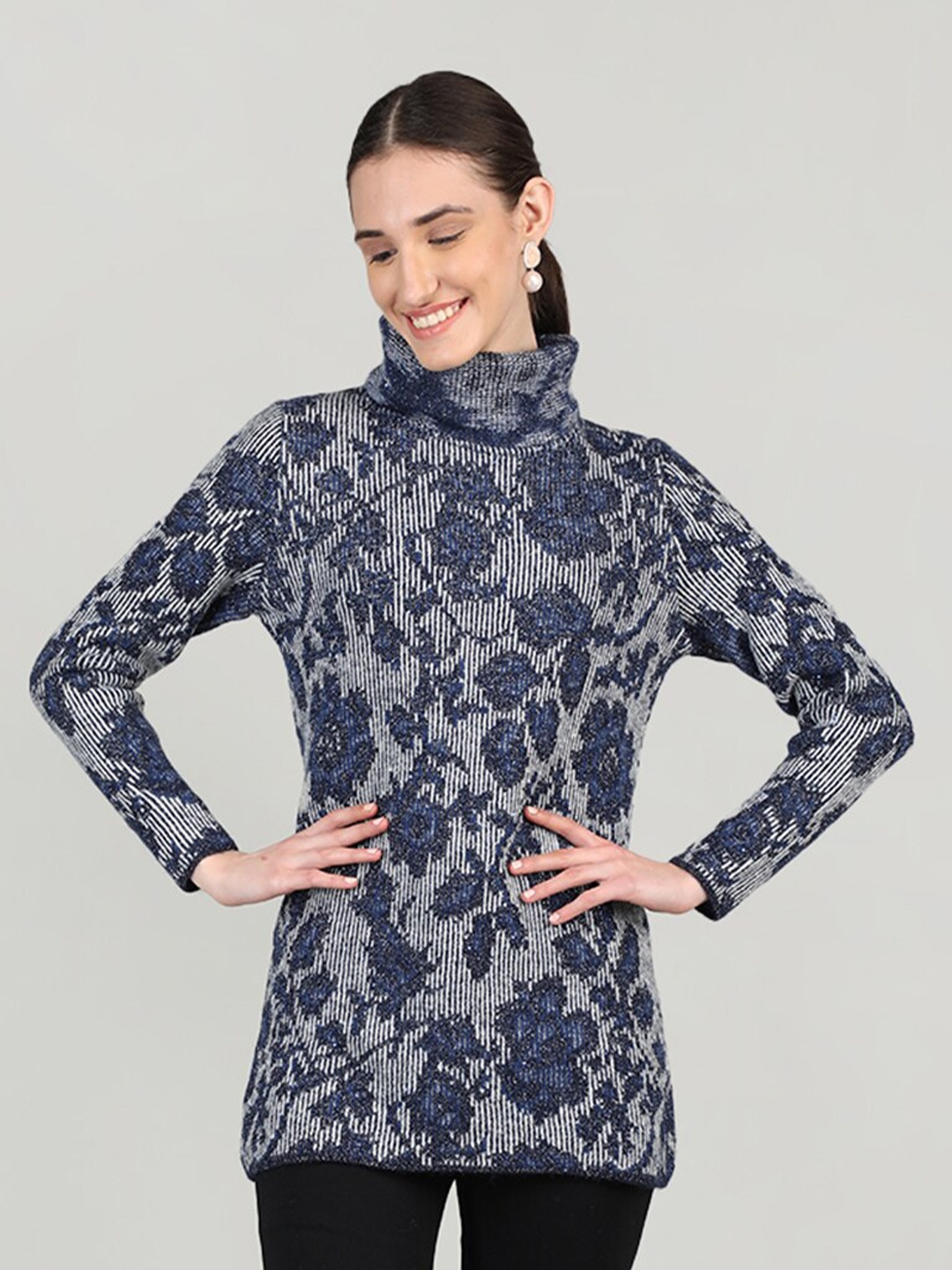 

Rage Floral Printed Woollen Pullover Sweater, Navy blue
