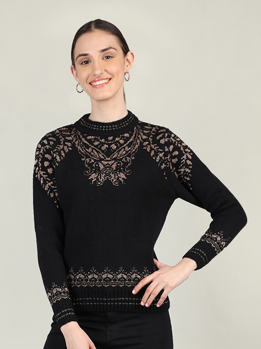 

Rage Ethnic Motifs Printed Woollen Pullover Sweater, Black