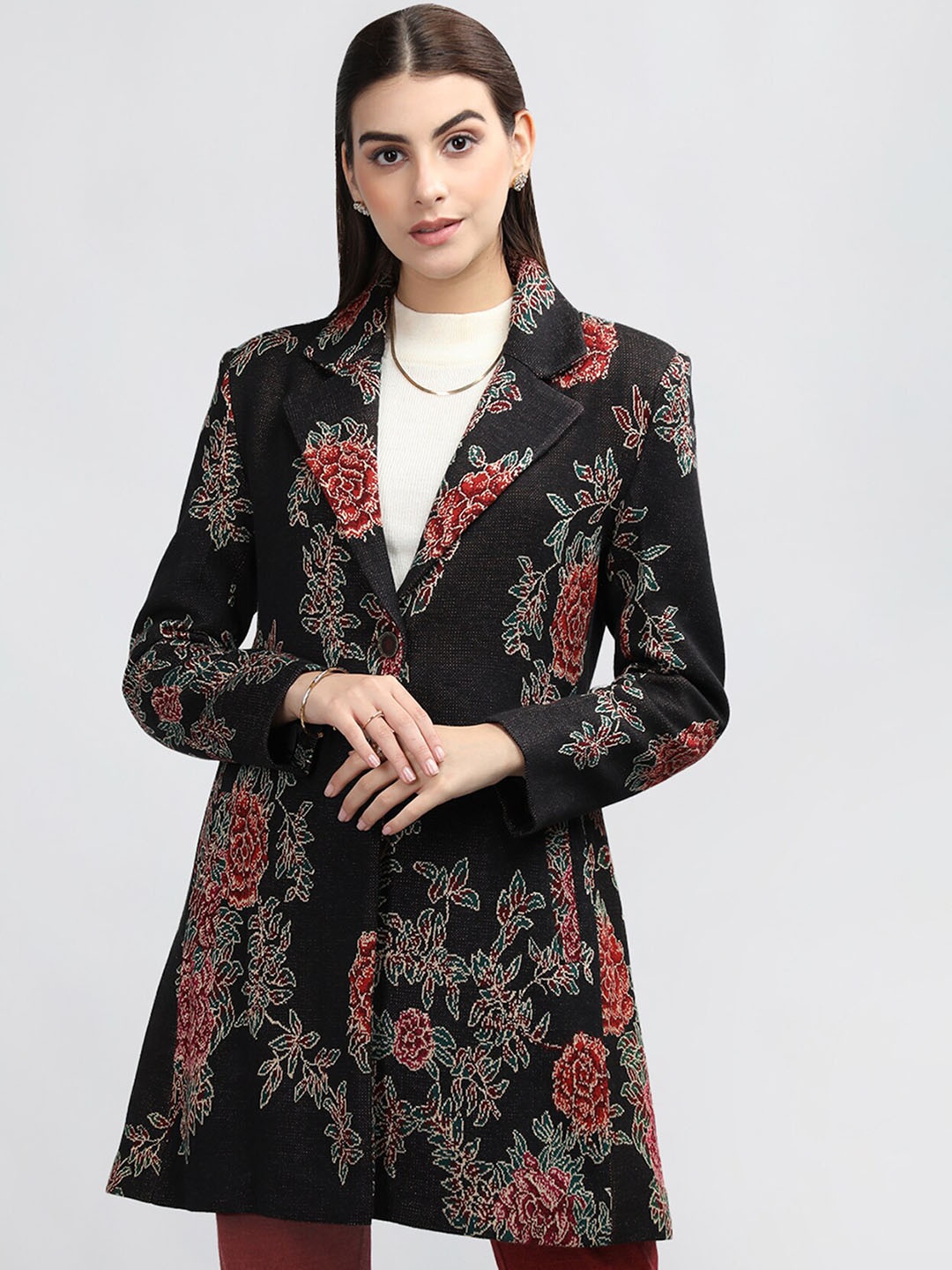 

Rage Floral Printed Notched Lapel Wool Winter Longline Overcoat, Black