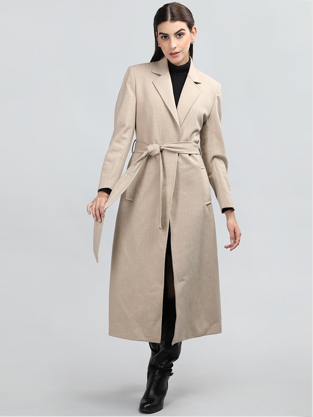 

Rage Striped Single-Breasted Notched Lapel Long Sleeves Winter Tie Up Longline Overcoat, Brown