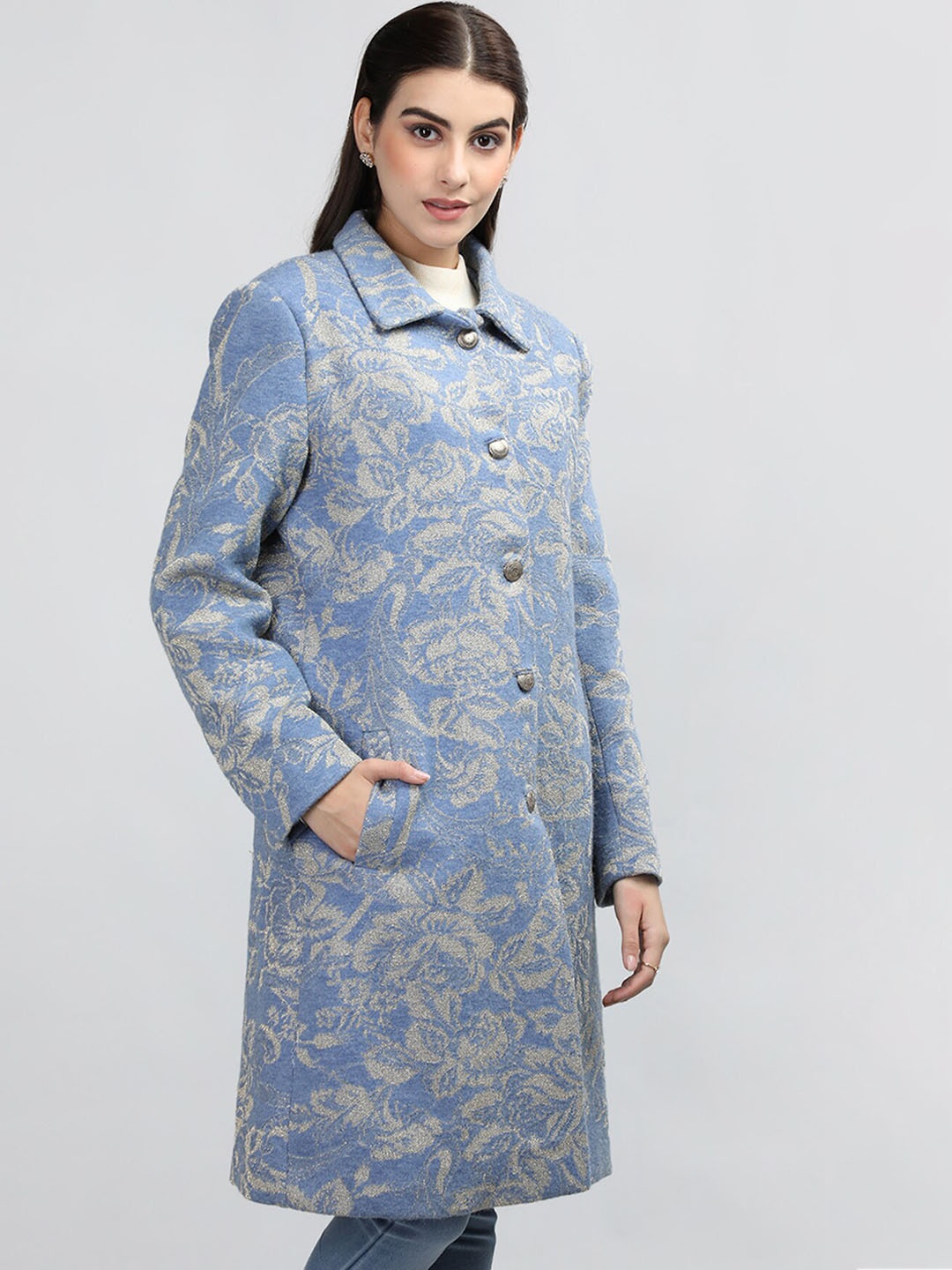 

Rage Self-Design Spread Collar Single-Breasted Winter Wear Long Sleeves Longline Overcoat, Blue