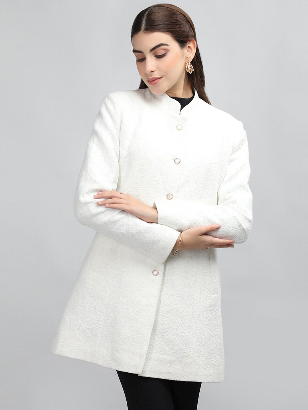 

Rage Self Design Mandarin Collar Longline Overcoat, White