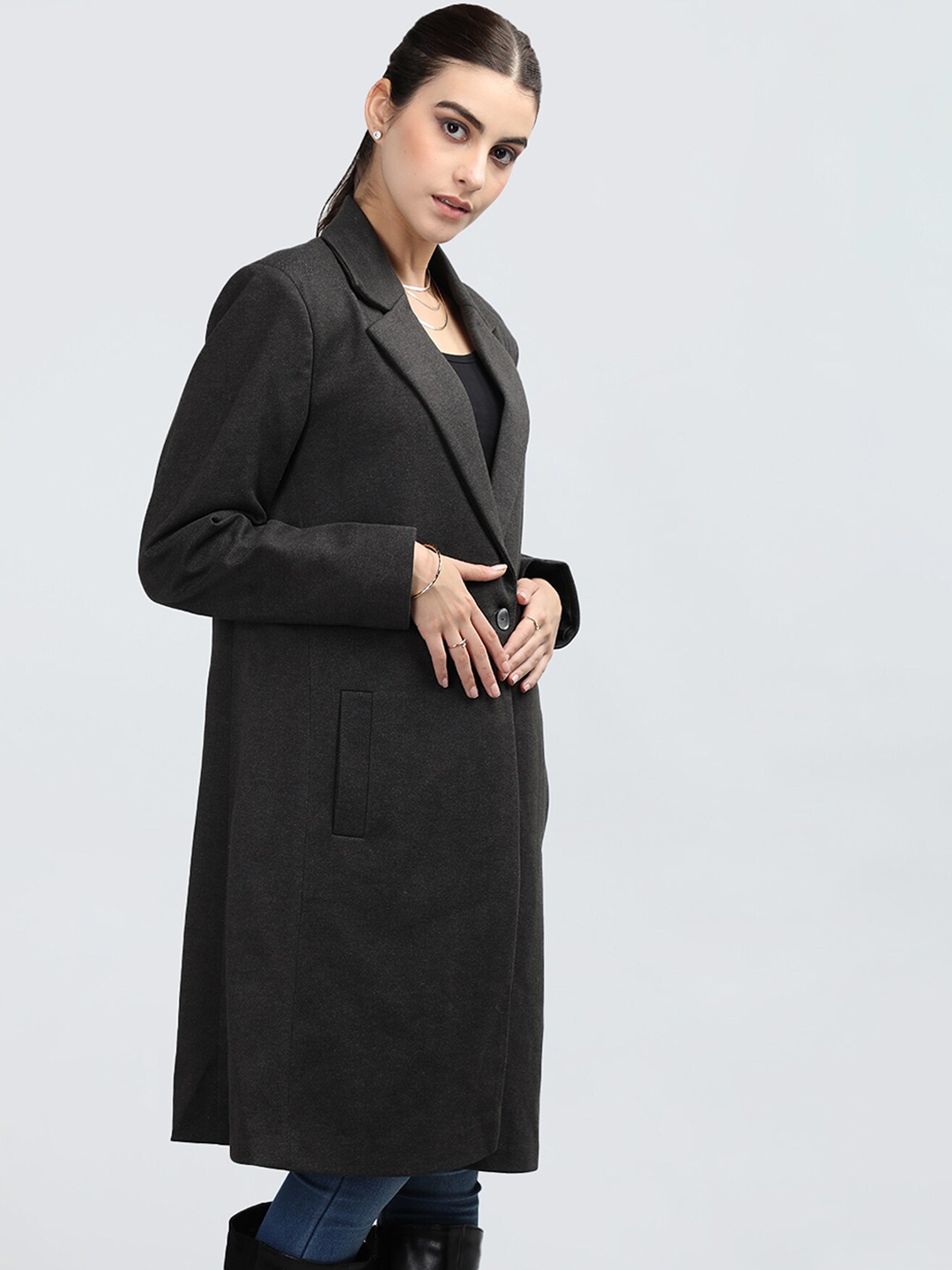 

Rage Notched Lapel Long Sleeves Single-Breasted Woollen Longline Overcoat, Grey