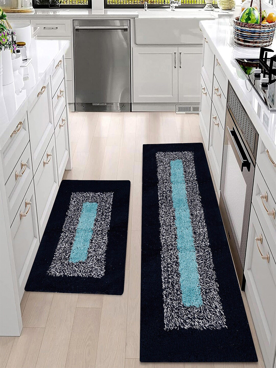 

Kuber Industries 2-Pcs Blue Door Mat & Kitchen Runner Set