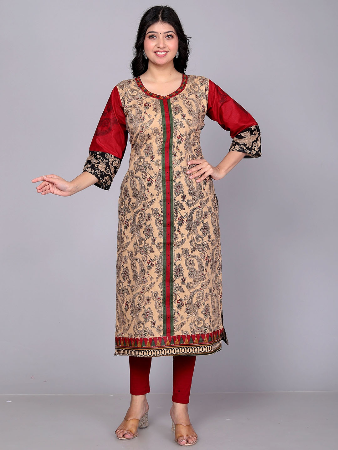 

Jevi Prints Paisley Kalamkari Indie Prints Cotton Straight Kurta, Brown