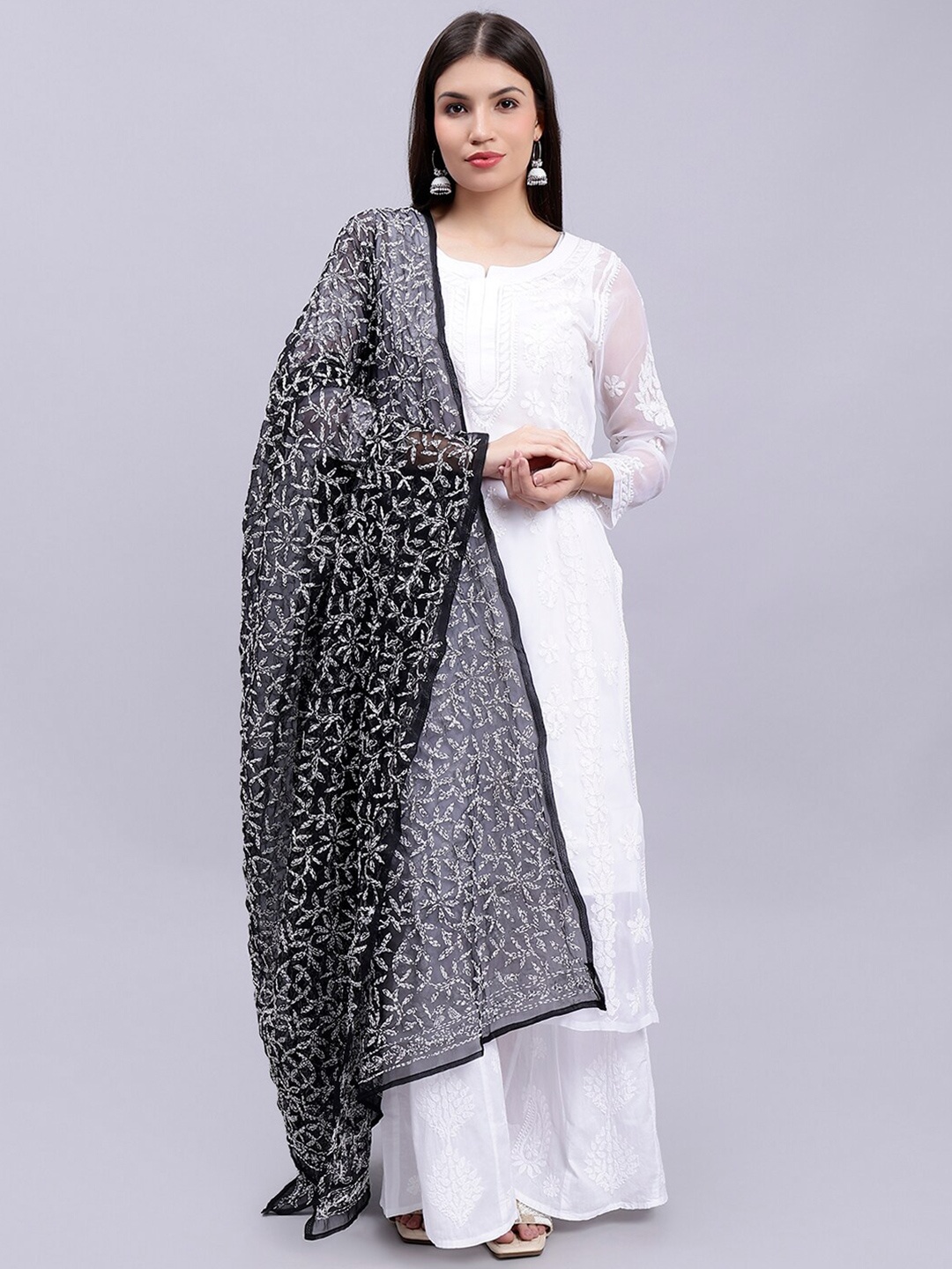 

Seva Chikan Floral Embroidered Georgette Dupatta With Lucknowi Chikankari, Black