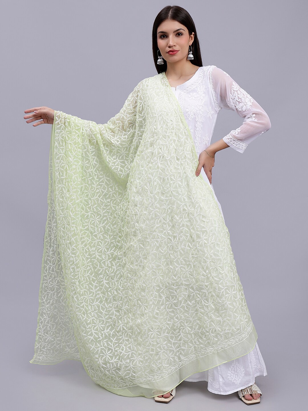 

Seva Chikan Floral Embroidered Georgette Dupatta With Lucknowi Chikankari, Green