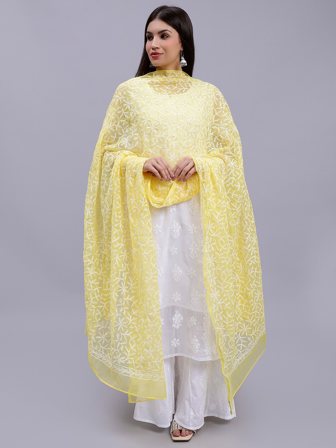 

Seva Chikan Floral Embroidered Georgette Dupatta With Lucknowi Chikankari, Yellow